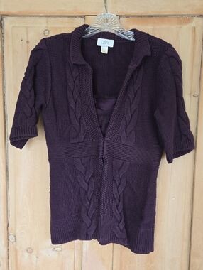 LOFT Plum Cable Knit Short Sleeve Cardigan